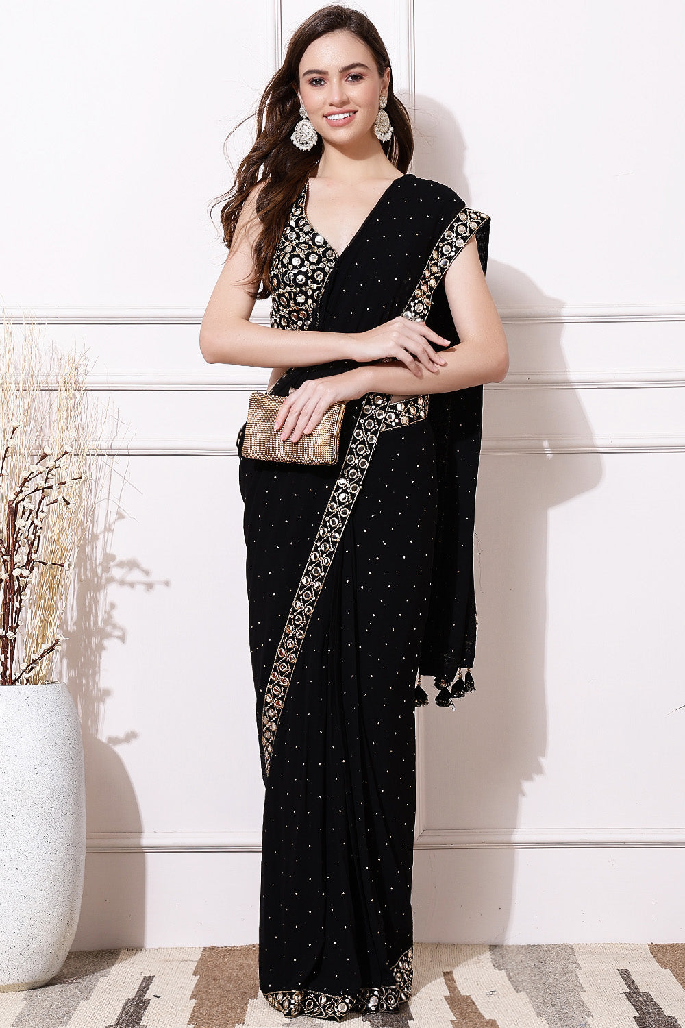 Black Color Georgette Mukesh Work and Mirror Work Saree with Readymade Blouse