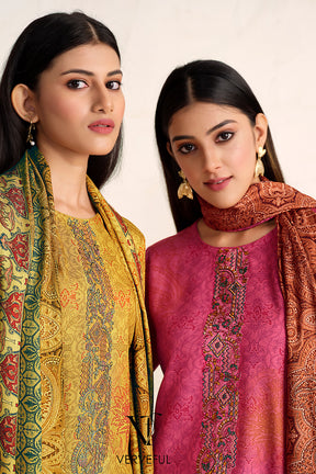 Deep Rose Color Spun Embroidered and Printed Unstitched Suit Material