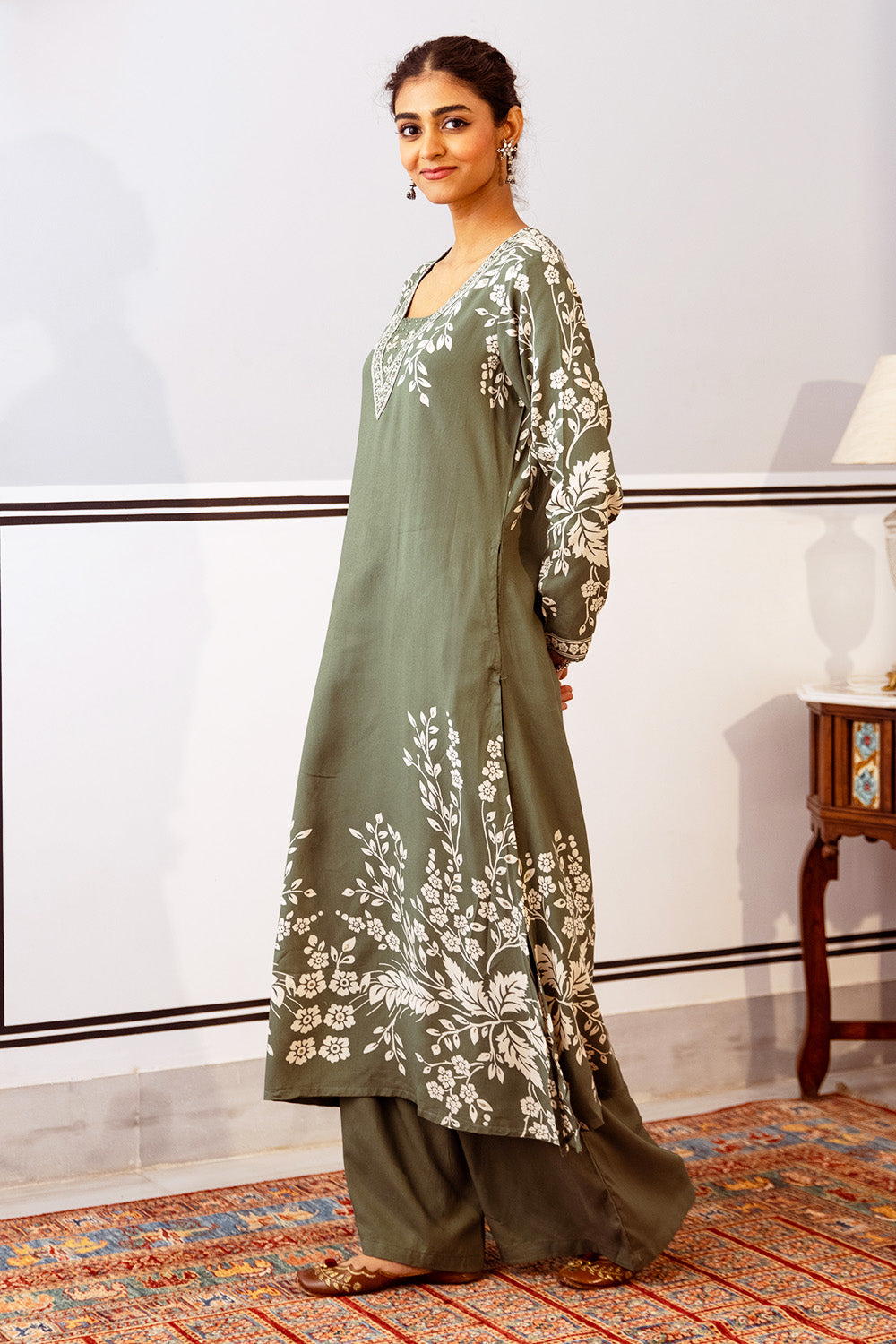 Green Color Floral Rayon Printed Kurta Set With Palazzo