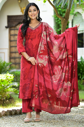 Persian Red Color Muslin Printed Straight Suit