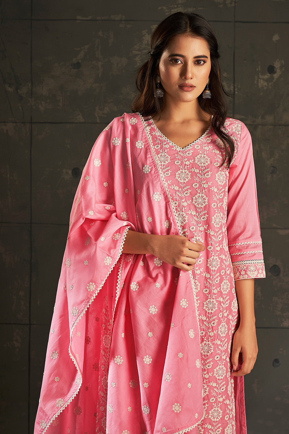 Pink Color Cotton Resham Embroidered Straight Suit