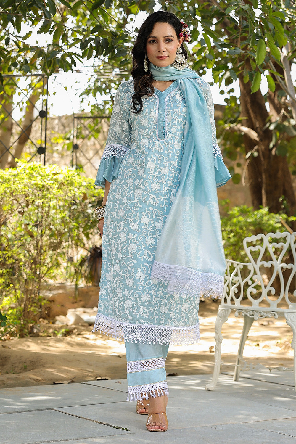 Powder Blue Color Chanderi Silk Resham Embroidered Suit