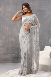 Grey Color Net Embroidered Saree