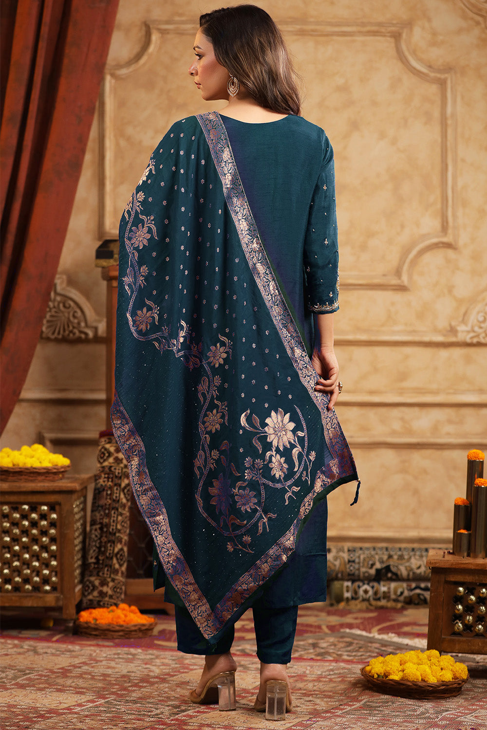 Teal Blue Color Silk Neck Embroidered Straight Suit