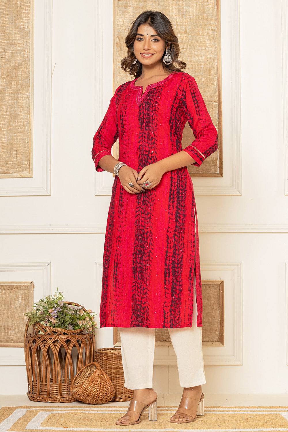 Fuchsia Pink Color Cotton Shibori Print With Mirror Embroidered  Kurti