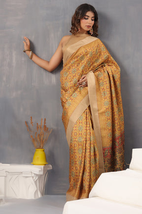 Mustard Colour Cotton Printed Saree With Stunning Woven Border