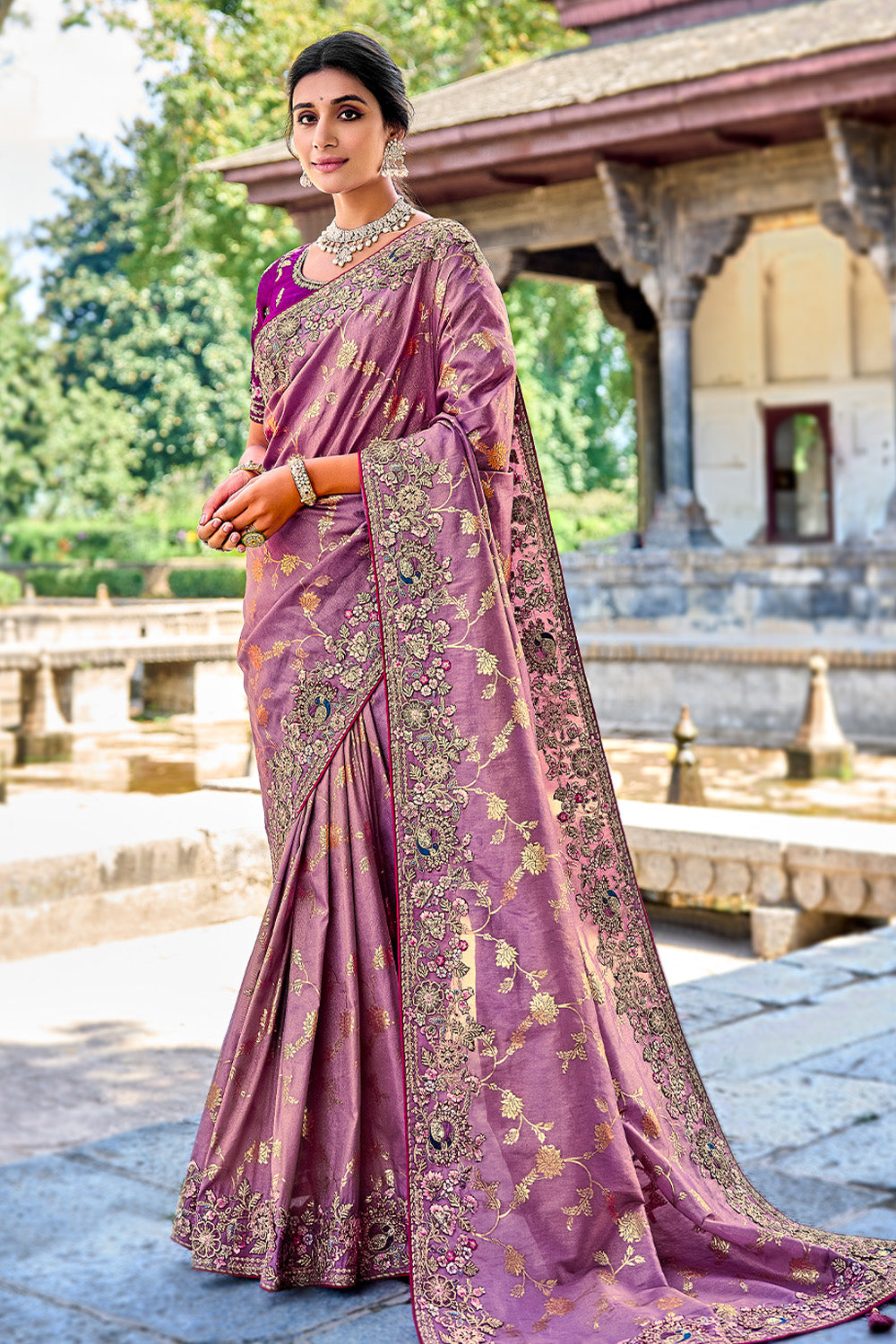 Mauve Color Organza Tissue Fabric Woven & Embroidered Saree