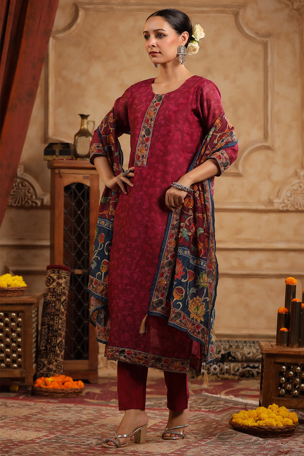 Dark Hot Pink Color Chanderi Floral Printed Suit