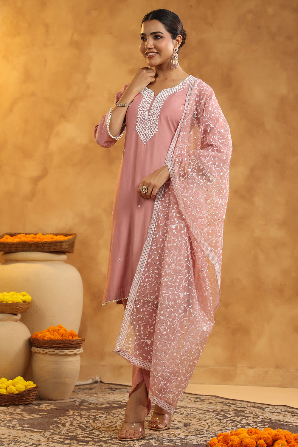 Dusty Pink Color Cotton Neck Embroidered Unstitched Suit Fabric