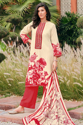 Red Color Floral printed & Lace Worked Unstitched Suit fabric