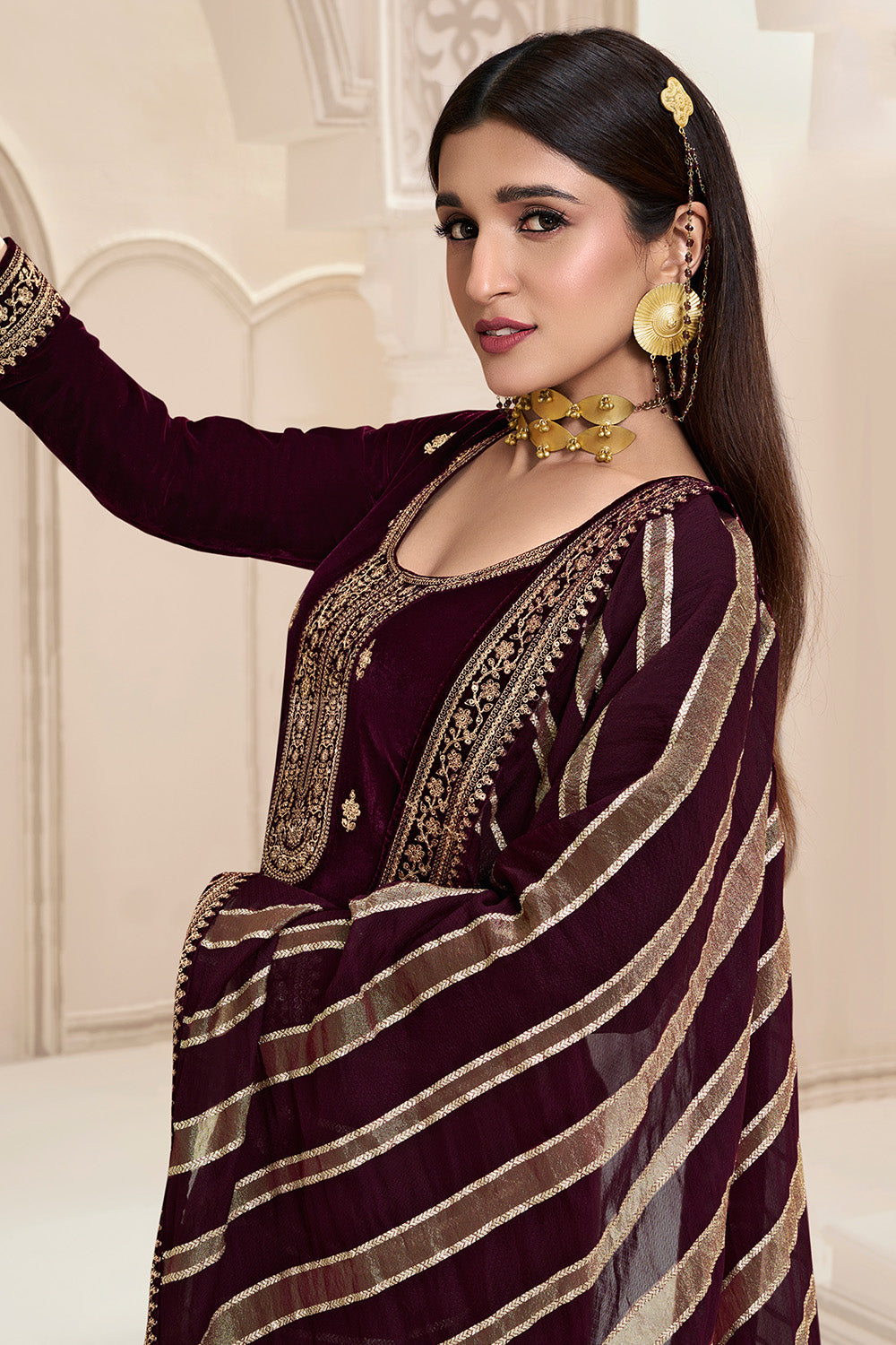 Maroon Color Embroidered Velvet Unstitched Suit Material