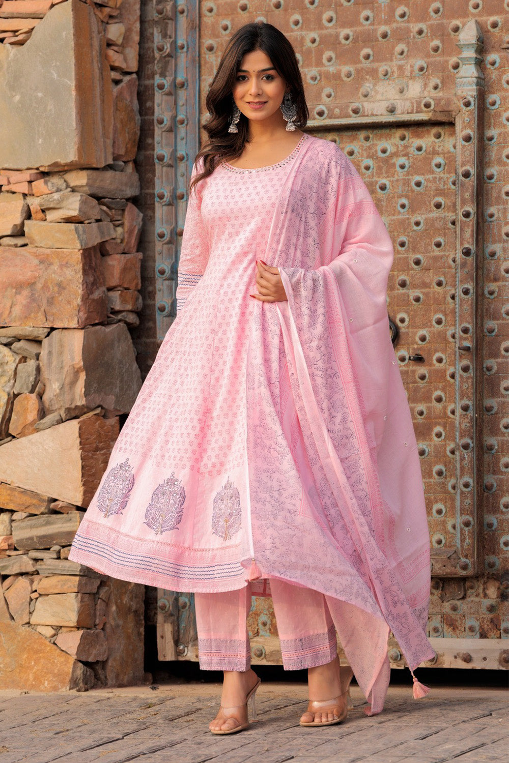 Rose Pink Color Cotton Printed Anarkali Suit