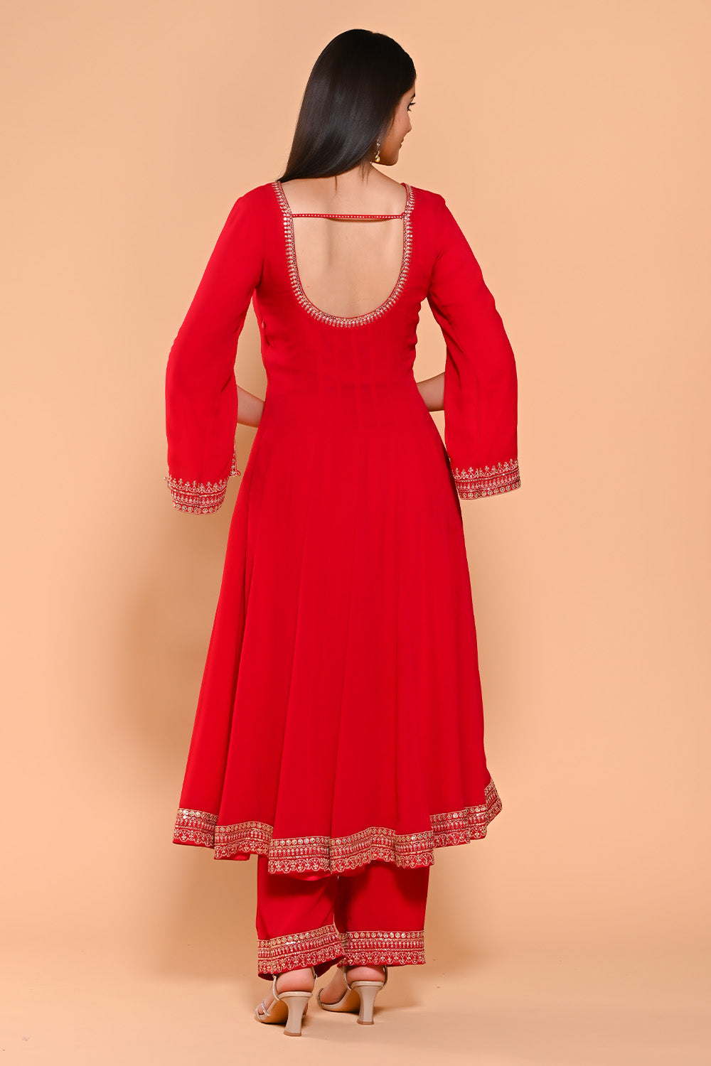 Red Color Georgette Designer Side Silts Sleeves Embroidered Anarkali Suit