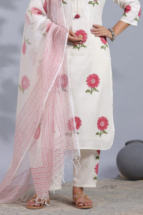 Cream Colour Khadi Cotton Floral Printed Suit