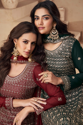 Maroon Color Crepe Embroidered Suit With Palazzo