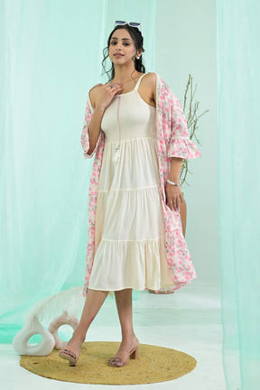 Cream & Pink Color Cotton Printed  Peonies Dress With Hakoba Style Long Jacket