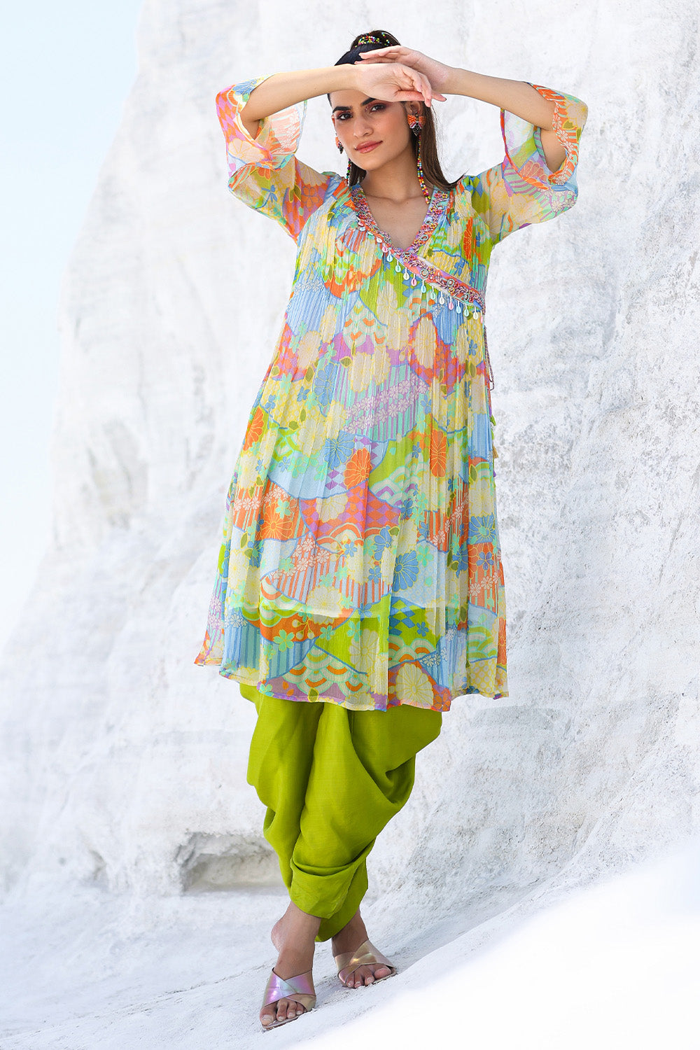 Green Color Printed Chiffon Kurta Set With Dhoti Style Bottom