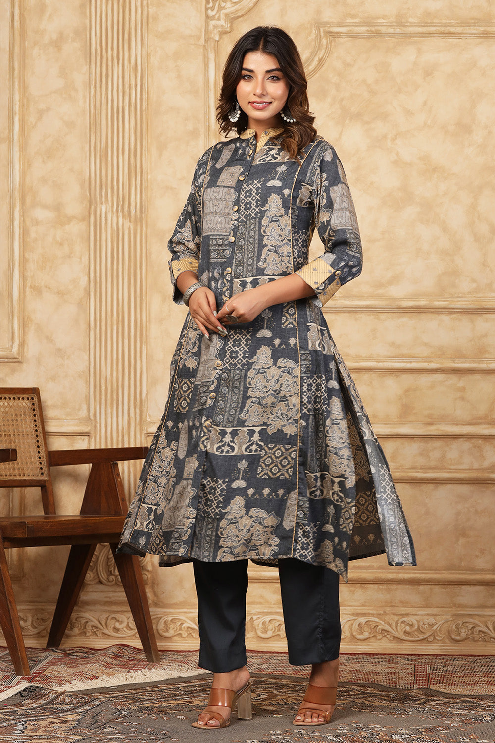 Grey Color Cotton Printed Kurta Set