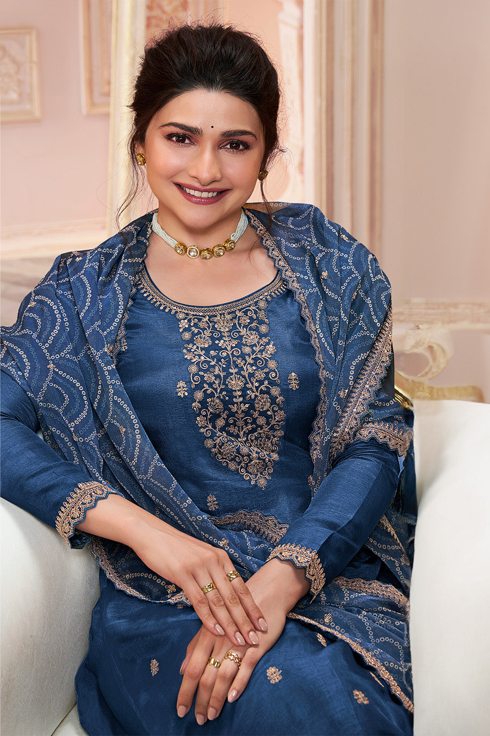 Admiral Blue Color Embroidered Silk Unstitched Suit Fabric