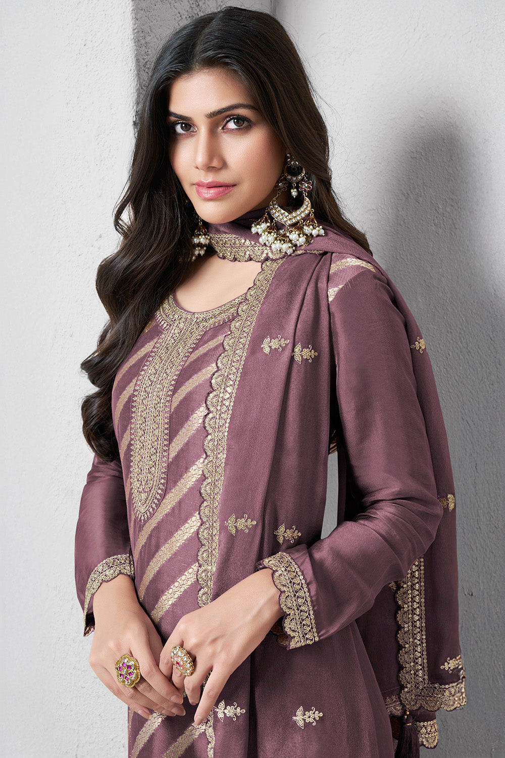 Mauve Color Organza Zari Woven And Embroidered Unstitched Suit Material.