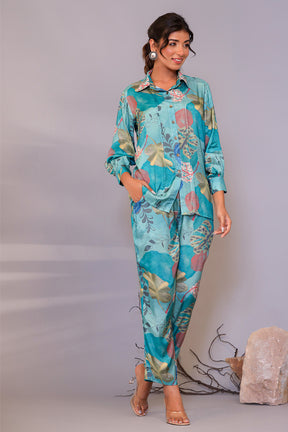 Turquoise Color Muslin Floral Printed Co-Ord Dress