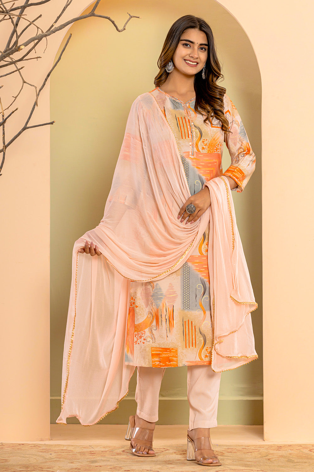 Peach Color Muslin Printed Straight Suit