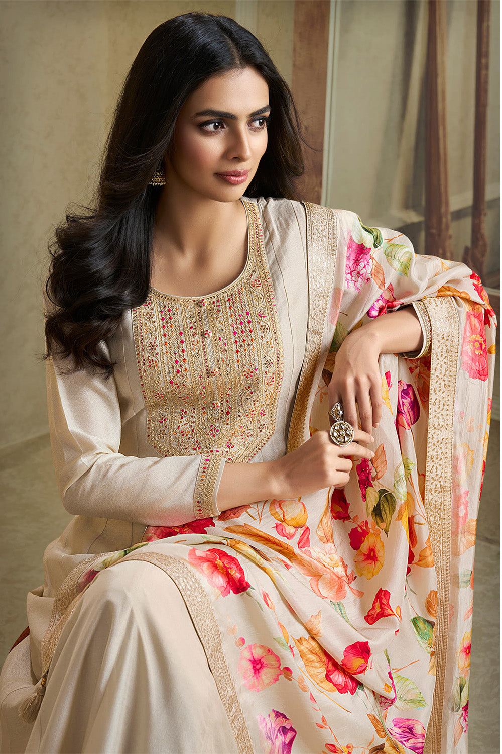 Cream Color Silk Embroidered Anarkali Suit