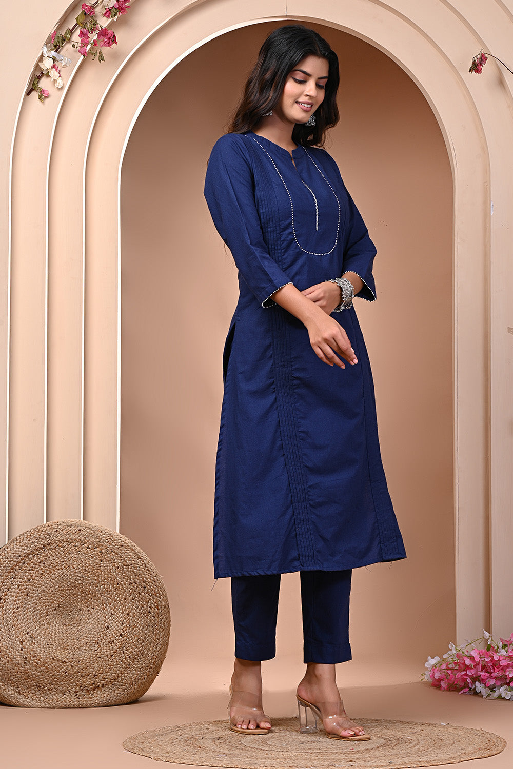 Navy Solid Color Cotton Kurta Set