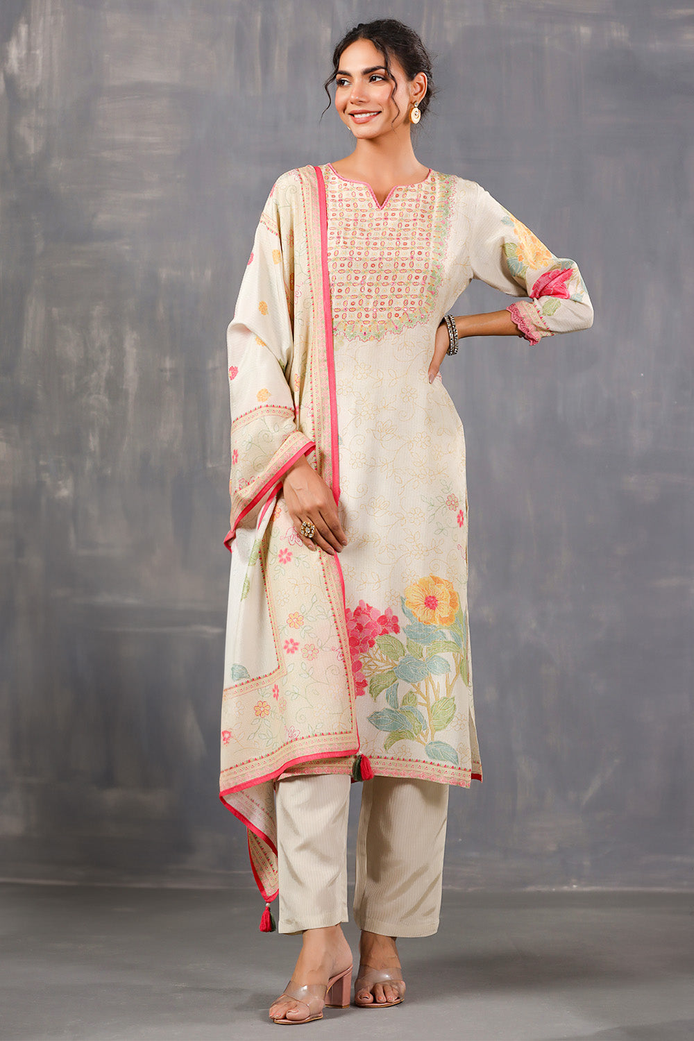 Cream Color Floral Printed Crepe Suit