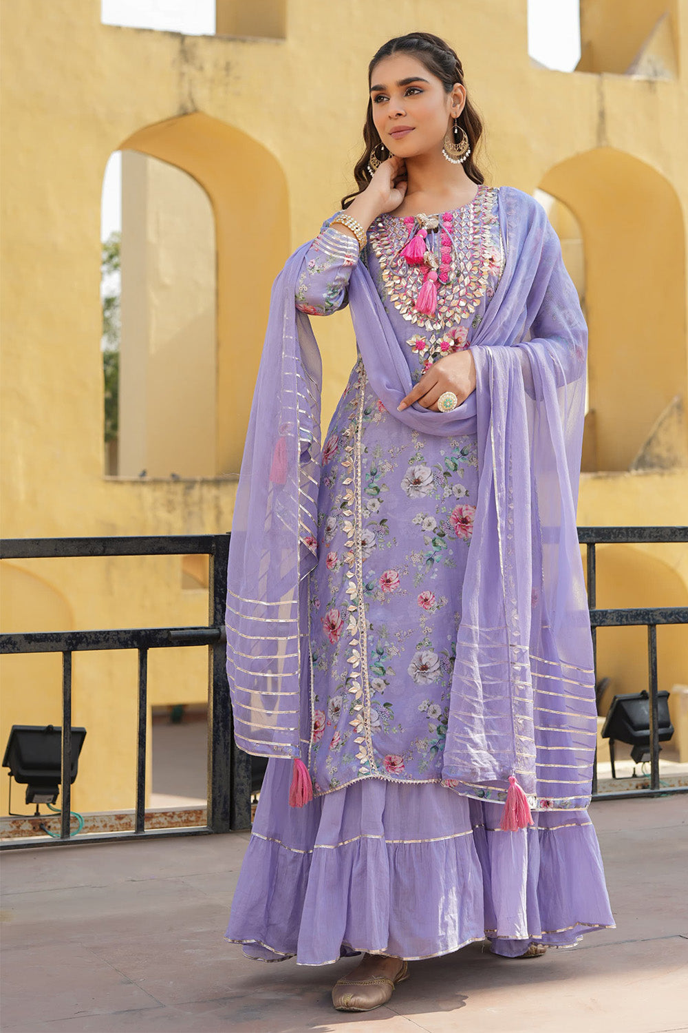 Light Lavender Color Muslin Embroidered & Floral Printed Kurta Set With Stitched Skirt