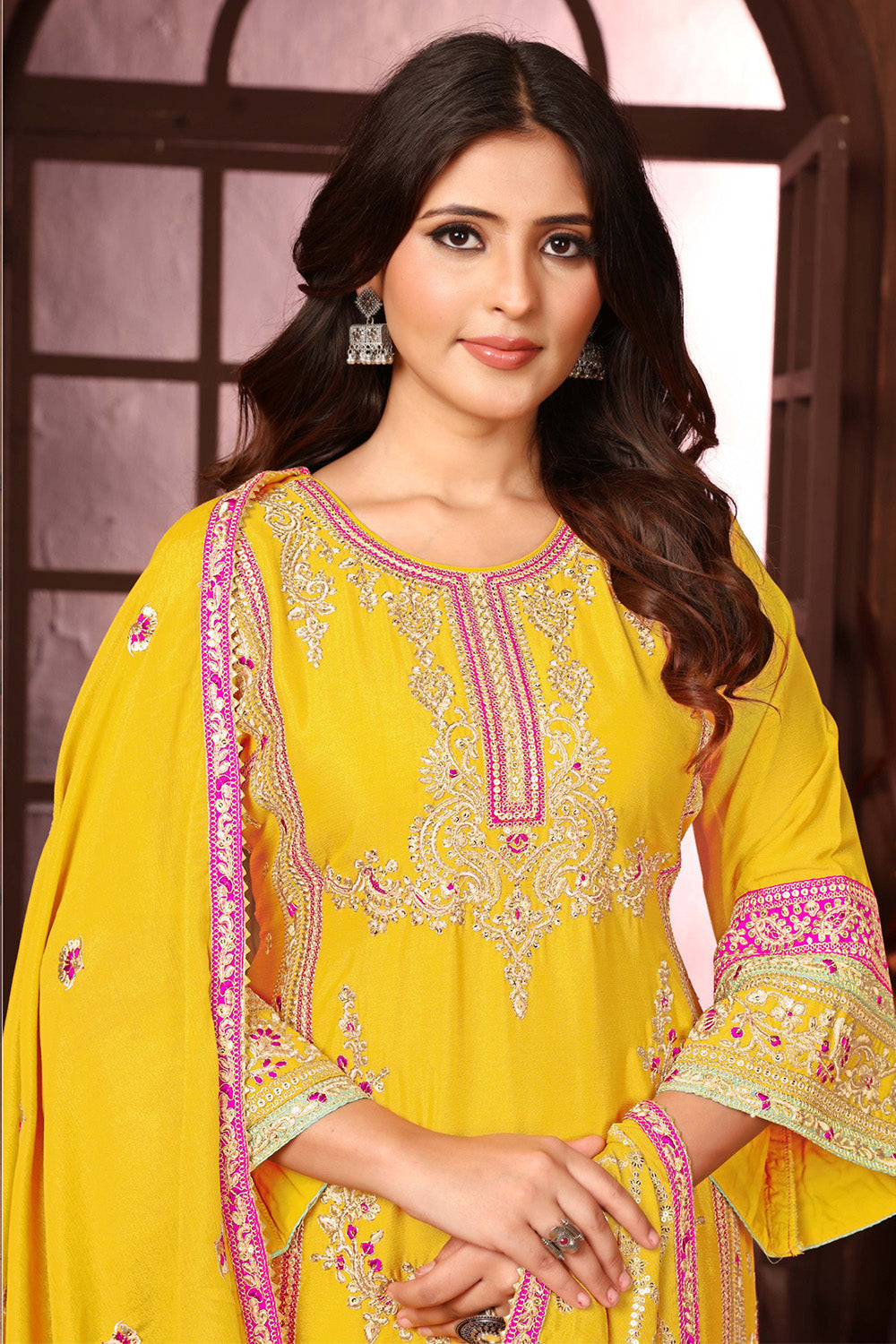 Yellow Color Crepe Silk Resham And Sequins Embroidered Suit With Palazzo