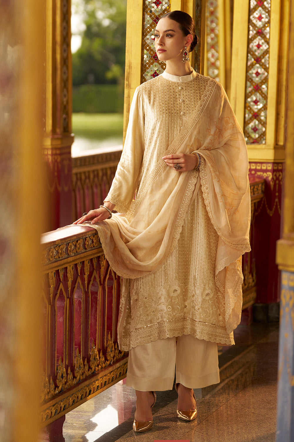 Cream Color Velvet Sequins & Thread Embroidered Unstitched Suit Fabric