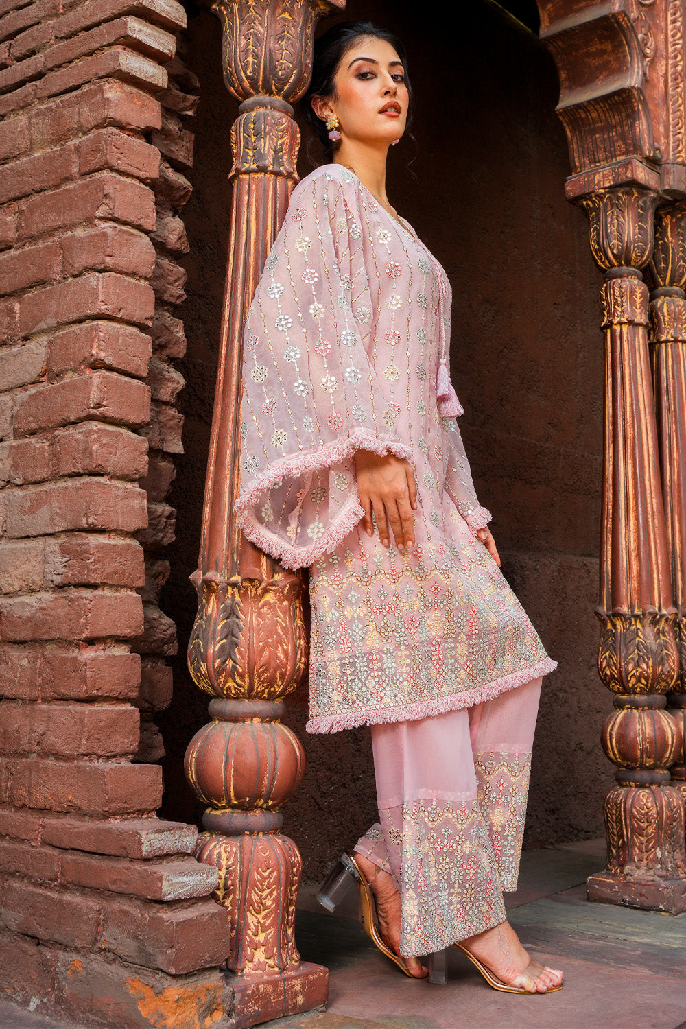 Rose Pink Color Georgette Mirror & Thread Embroidered Kurta Set