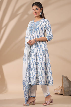 Cream & Blue Color Floral Printed Cotton Anarkali Suit