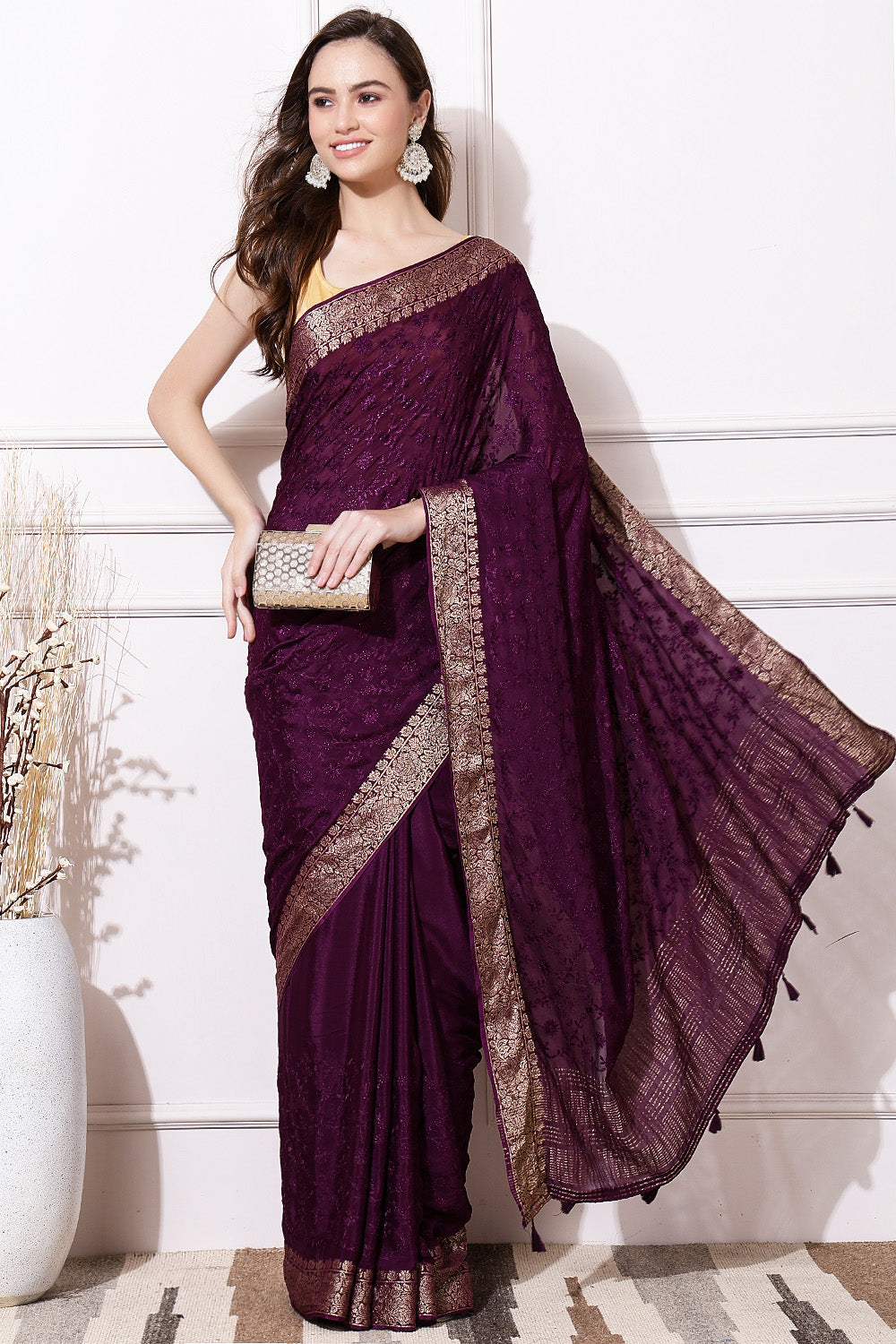 Dusty Purple Color Georgette Resham Embroidered Saree