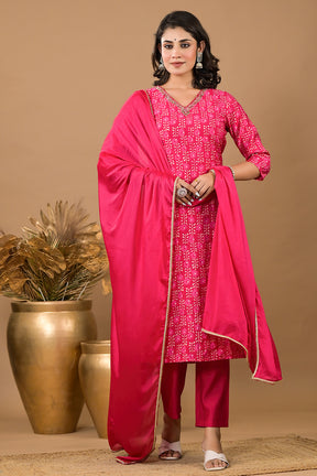 Raspberry Color Printed & Neck Embroidered Muslin Suit