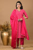 Raspberry Color Printed & Neck Embroidered Muslin Suit