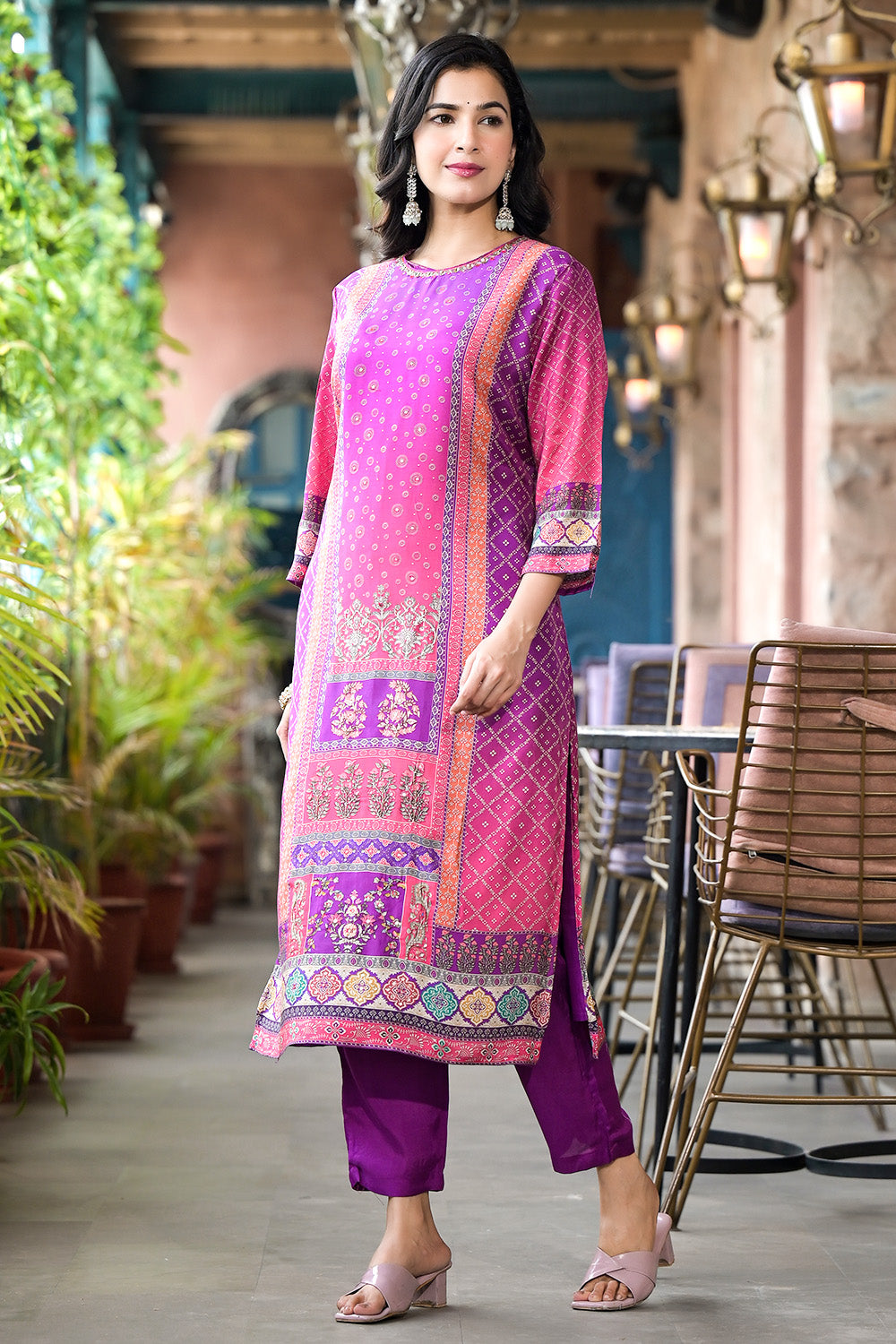 Purple Color Muslin Printed Straight Suit