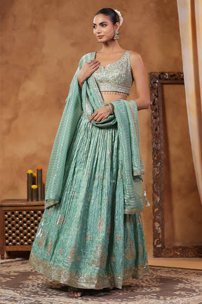 Turquoise Color Tissue Silk Embroidered Lehenga