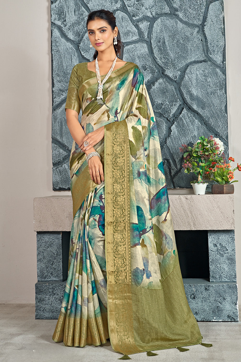 Sage Green  Color Printed & Woven Modal Silk Saree