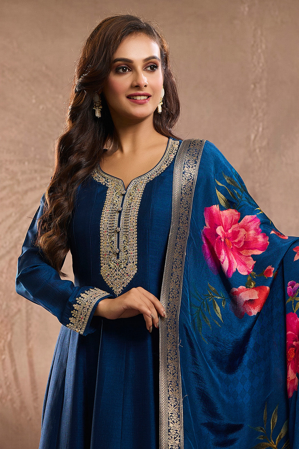 Blue Color Silk Embroidered Anarkali Kurti With Dupatta