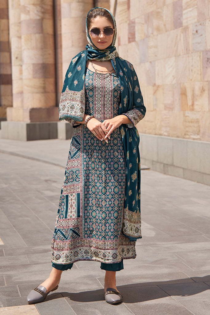 Teal Blue Color Pashmina Printed Unstitched Suit Material