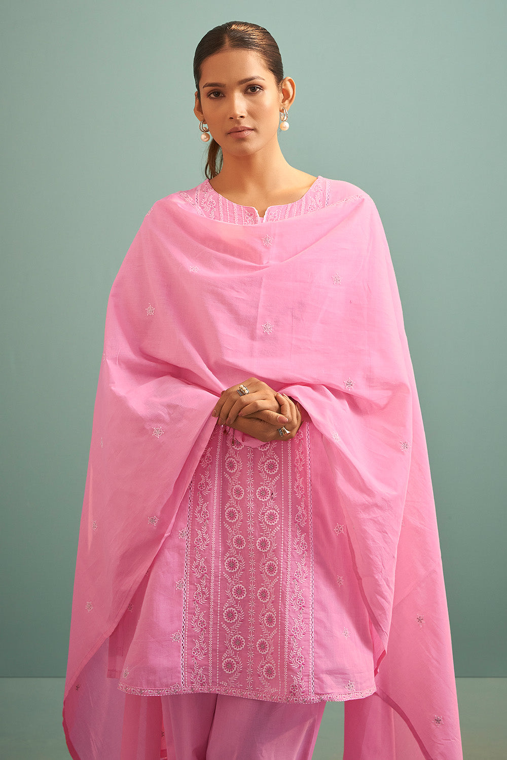 Baby Pink Color Cotton Resham Embroidered Suit