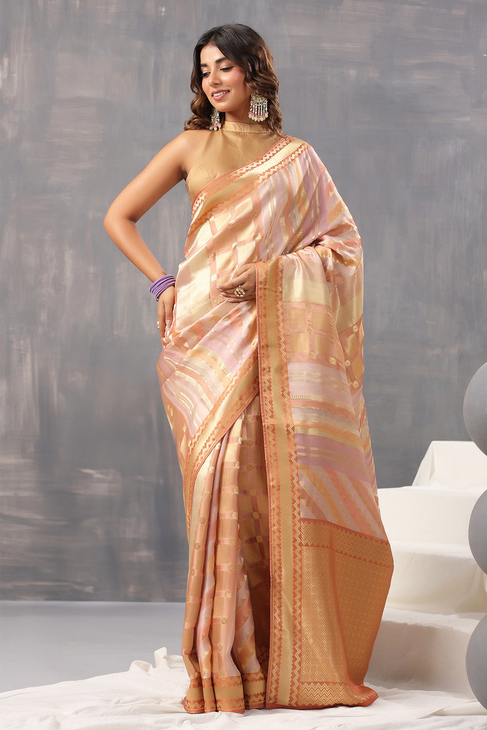 Peach & Beige Color Crepe Silk Woven Saree