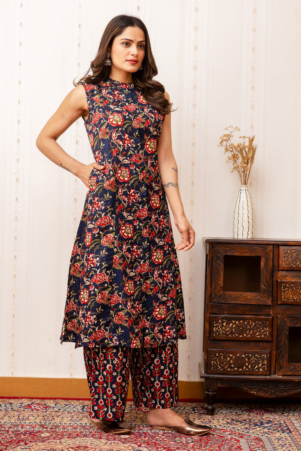 Navy Blue Color Floral Printed Cotton Kurta Set