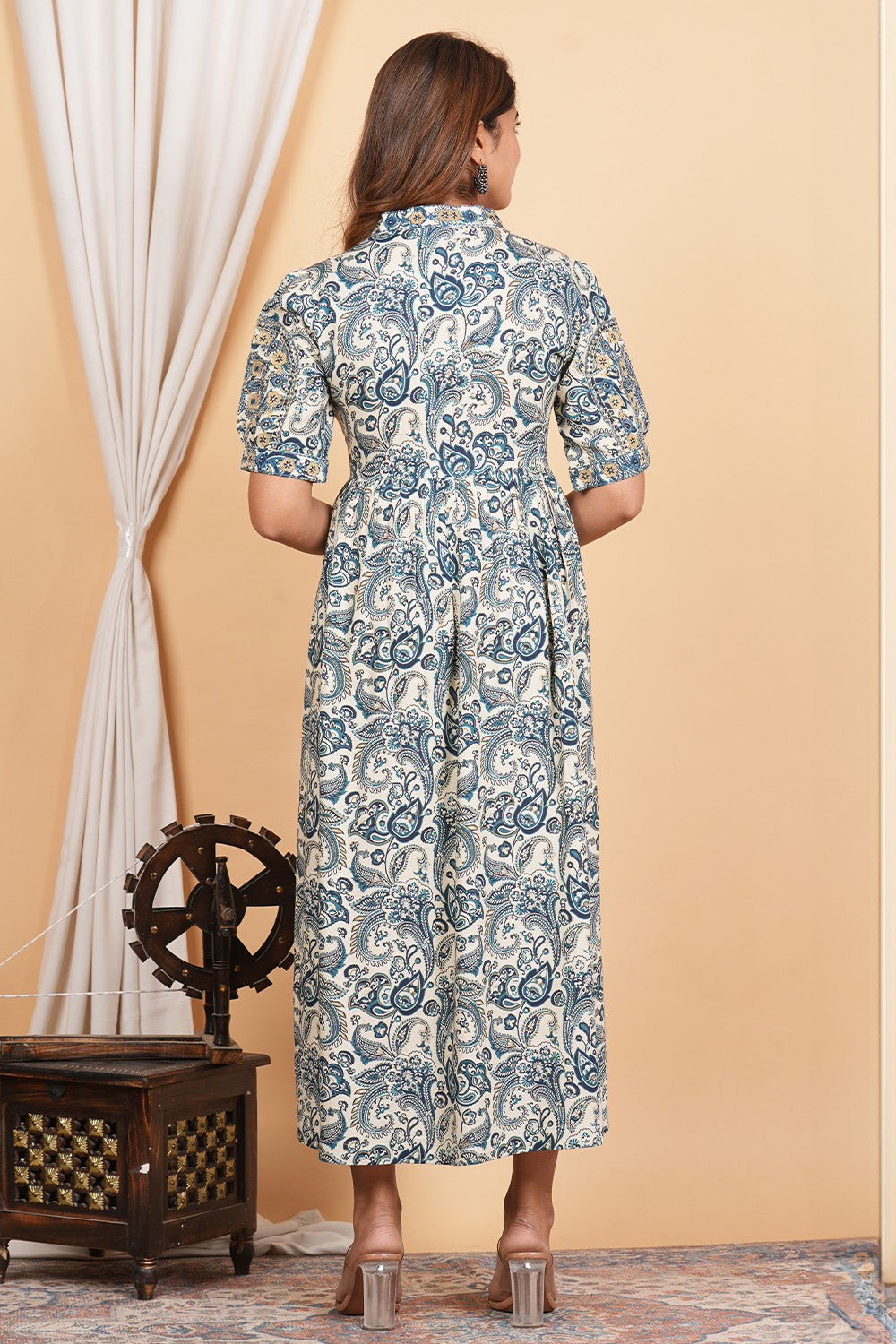 Cream & Navy Color Cotton Printed Peonies Dress