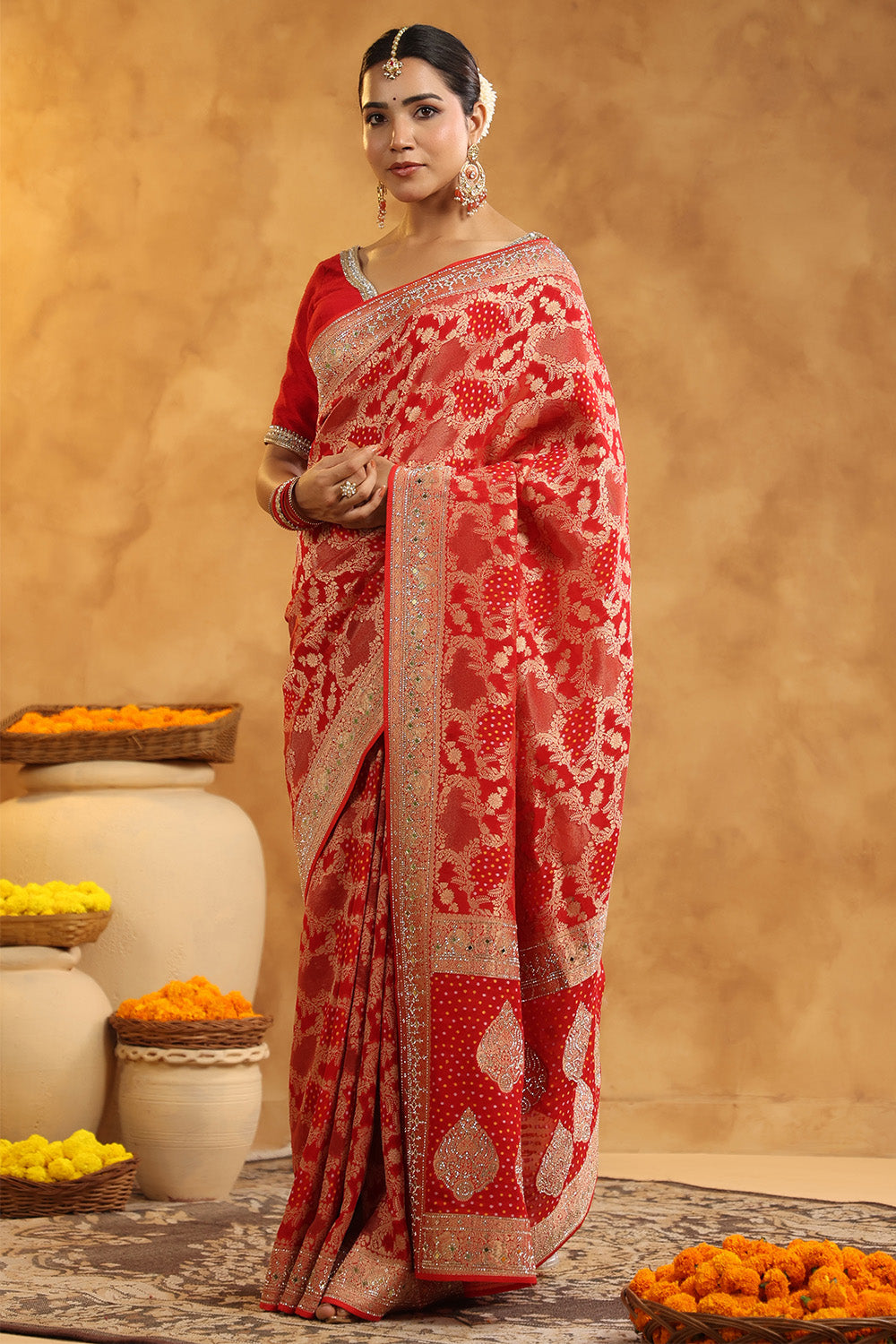 Red Color Khhadi Georgette Woven Saree