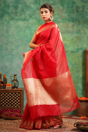 Red Color Woven Organza Silk Saree