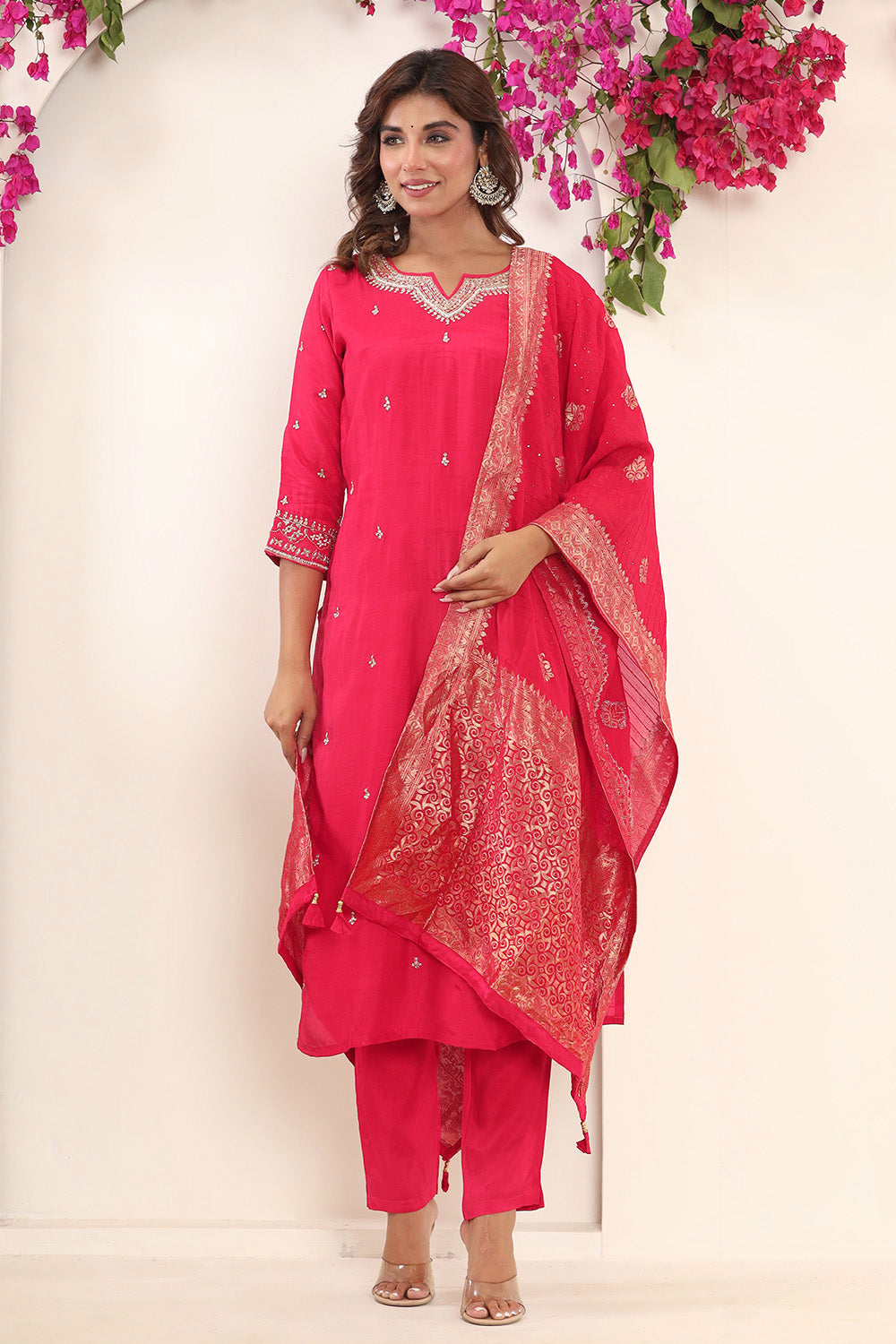 Fuchsia Pink Color Silk Neck Embroidered Straight Suit
