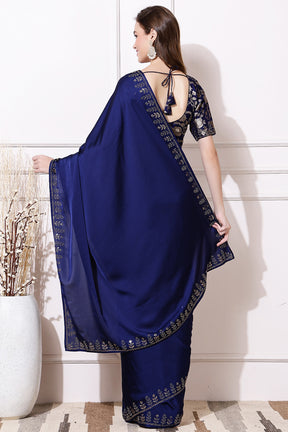 Navy Blue Color Satin Worked Satin Saree with Readymade Woven Blouse